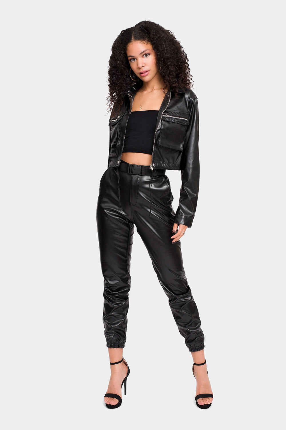 Faux Leather Cropped Jacket High Rise Jogger Set