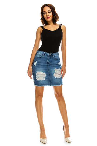 Women's Destroyed Side Lace-Up Denim Skirt