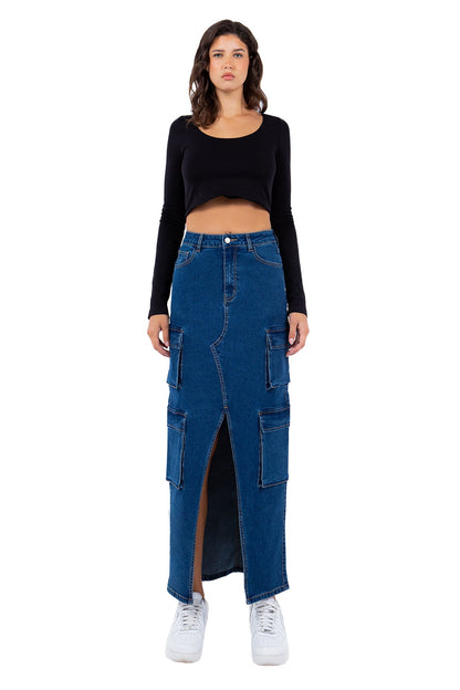 Women's High Waist Denim Cargo Skirt