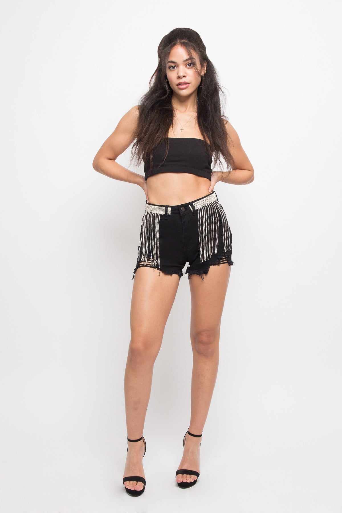 Distressed Crystal Belt Chain Shorts