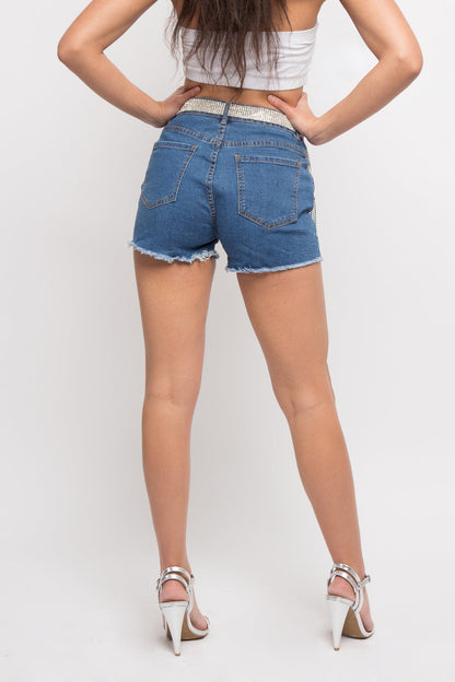 Distressed Crystal Belt Chain Shorts