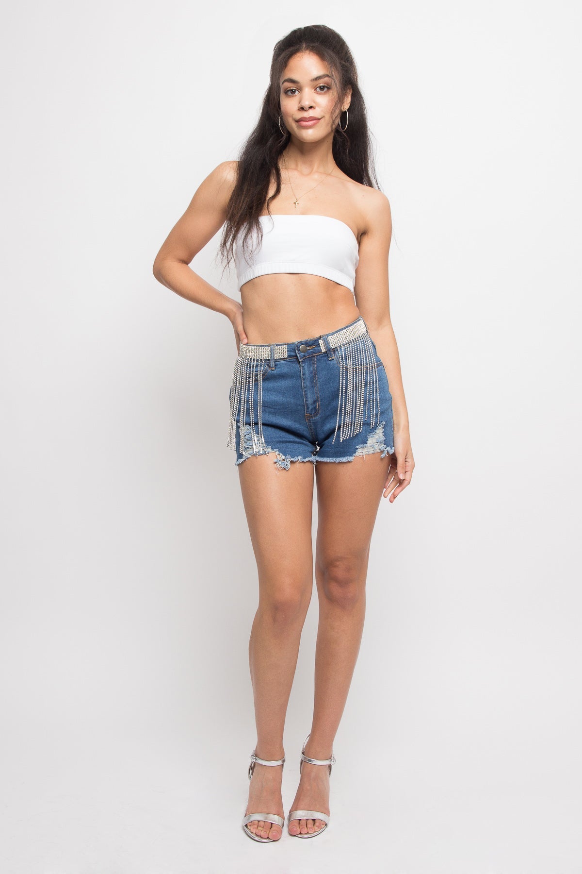 Distressed Crystal Belt Chain Shorts