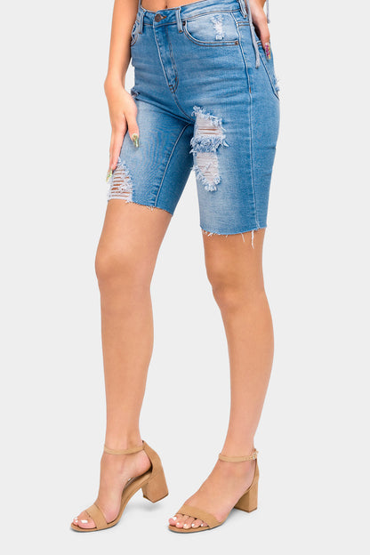 Distressed Skinny Denim Bermuda Shorts