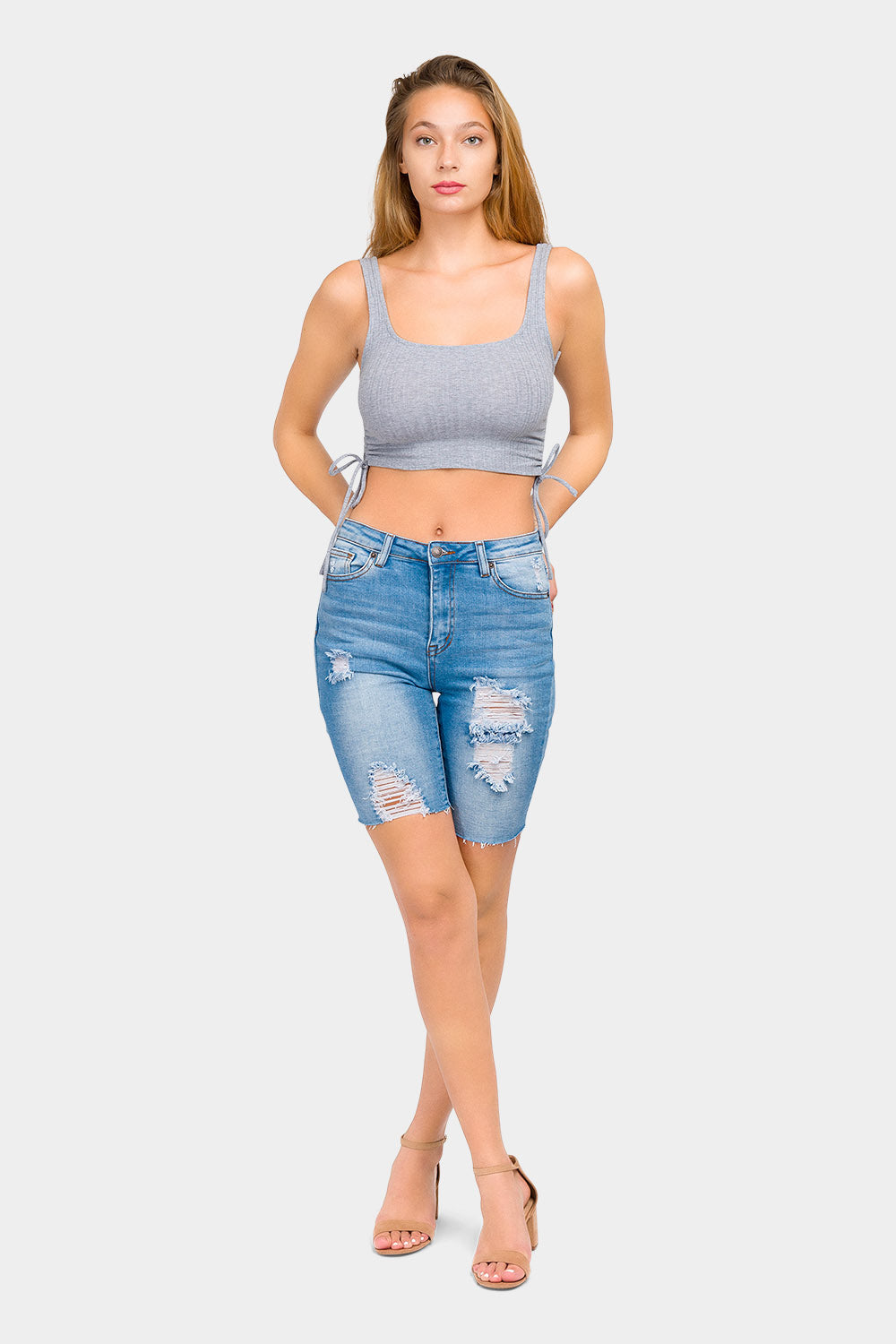 Distressed Skinny Denim Bermuda Shorts
