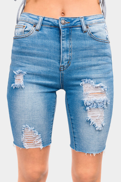 Distressed Skinny Denim Bermuda Shorts