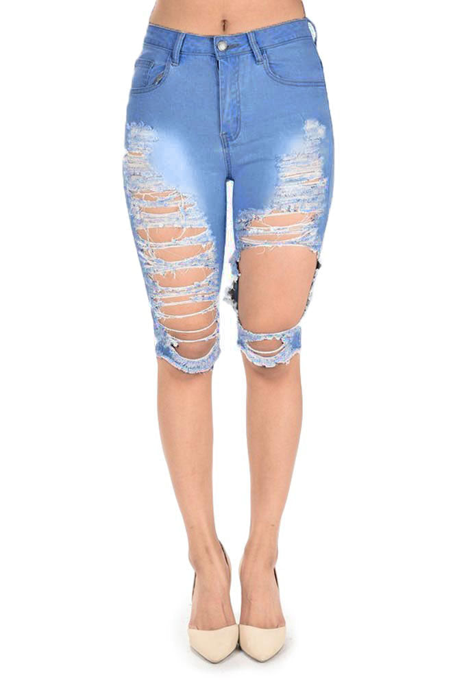 Women's Destroyed Denim Bermuda Shorts