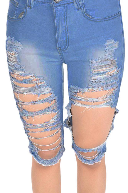 Women's Destroyed Denim Bermuda Shorts