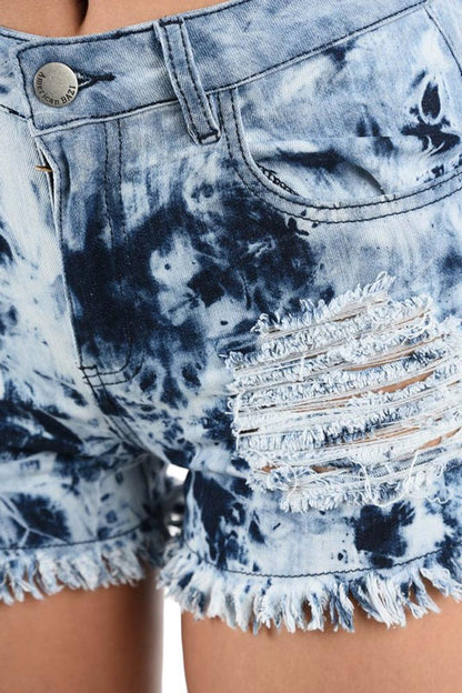 Women's Destroyed & Frayed Hem Tie Dye Denim Shorts