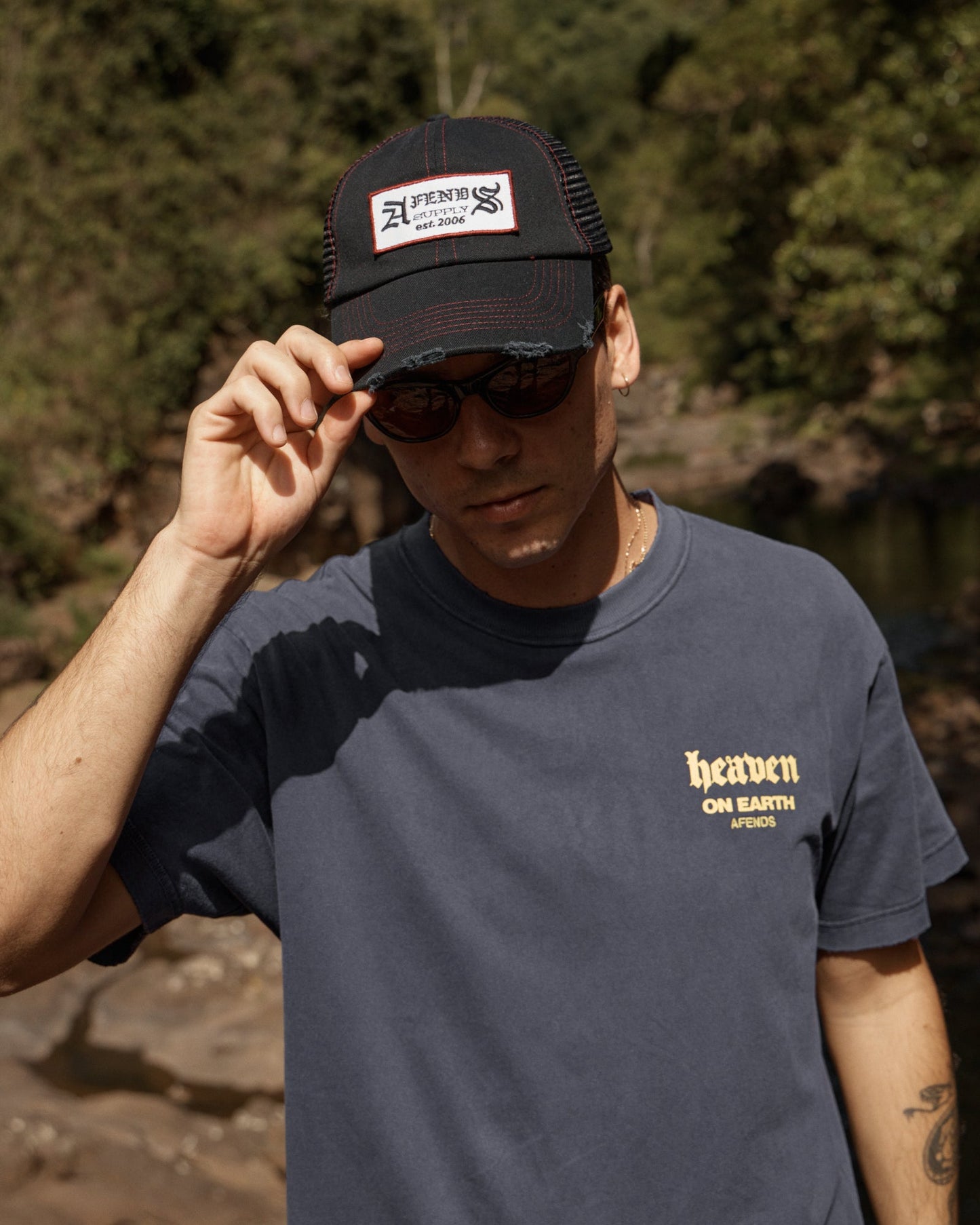 AFENDS Mens Heaven - Heavyweight Boxy Tee - Washed Deep Sea