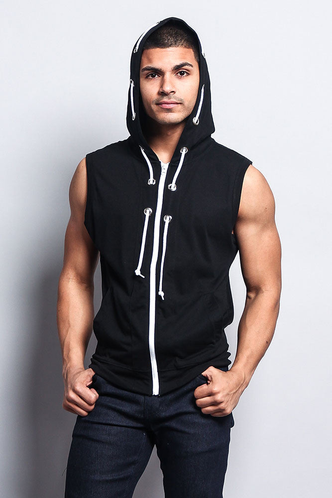 Eyelet Sleeveless Contrast Hoodie