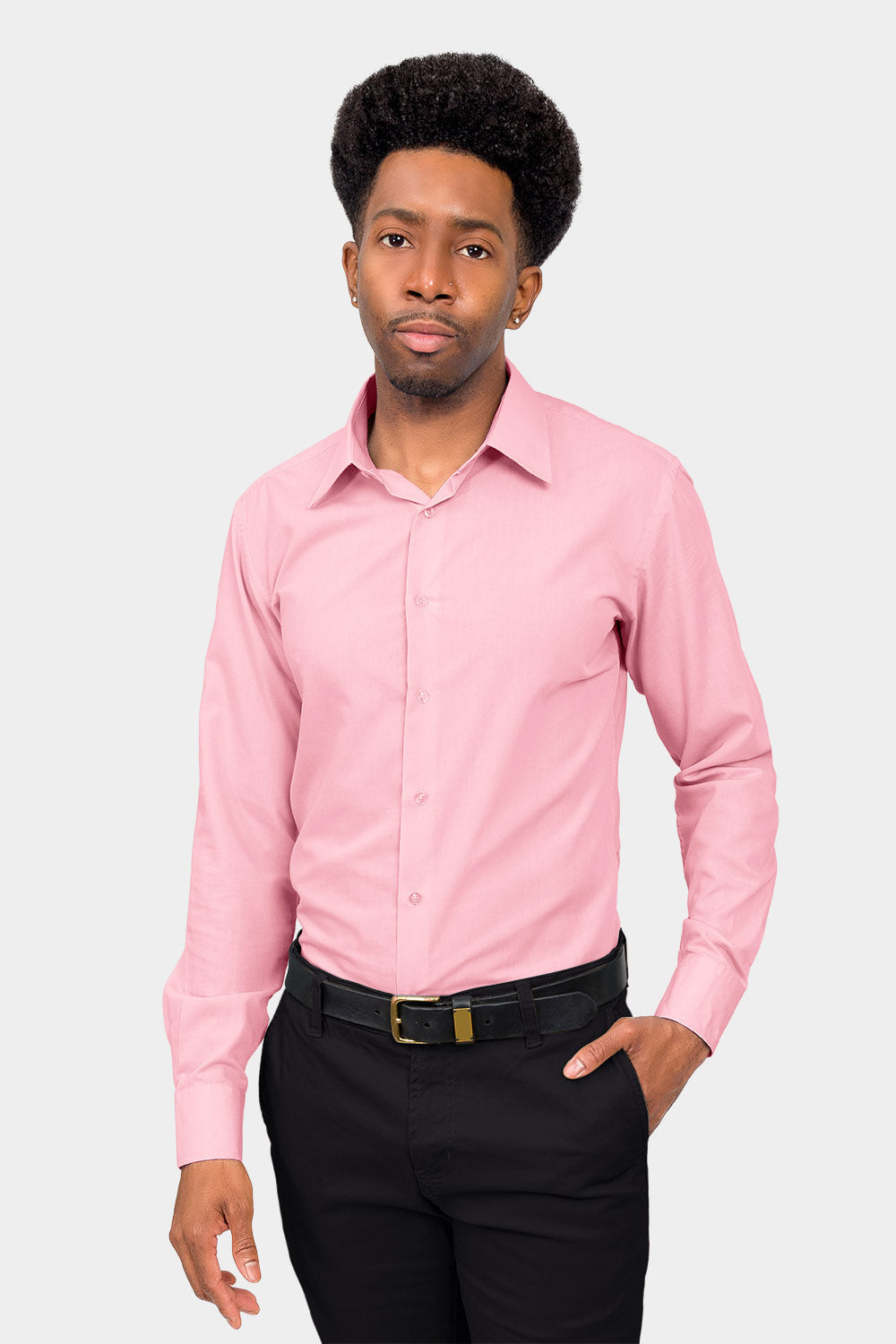 Men's Slim Fit Solid Color Dress Shirt (Pink)