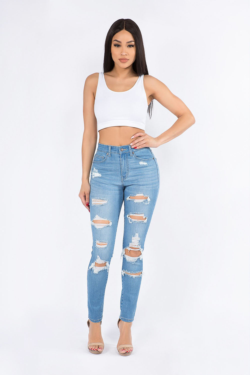 Women's Essential Unreleased Hem High Waist Distressed Skinny Jeans