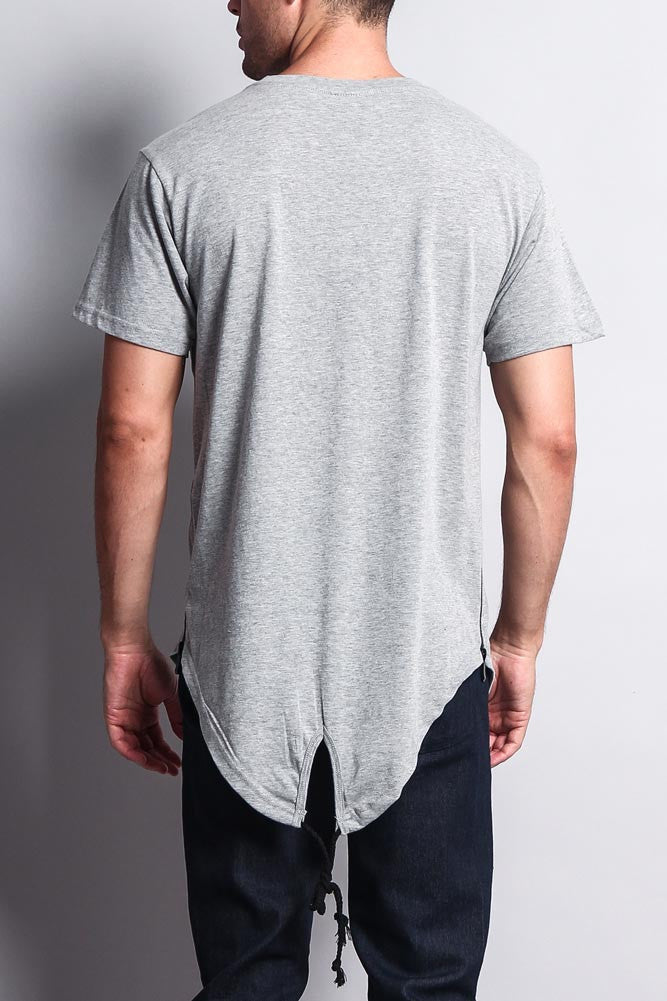 Chest Double Zipper Fishtail Long Length Curved Hem T-Shirt