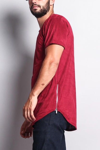 Perforated Faux Suede Long Length Curved Hem T-Shirt