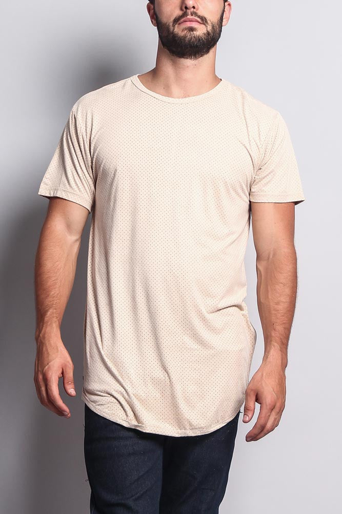 Perforated Faux Suede Long Length Curved Hem T-Shirt