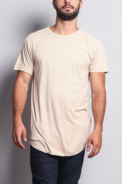 Perforated Faux Suede Long Length Curved Hem T-Shirt