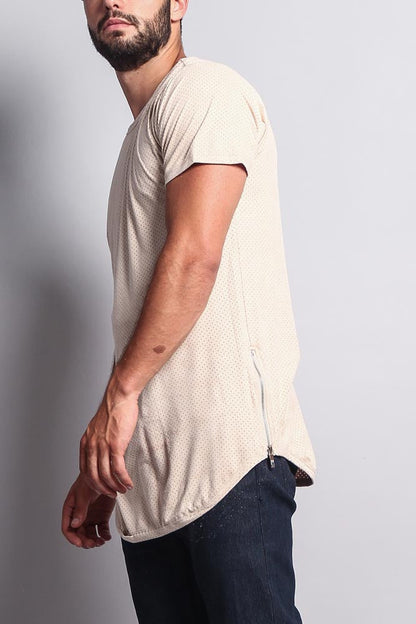 Perforated Faux Suede Long Length Curved Hem T-Shirt