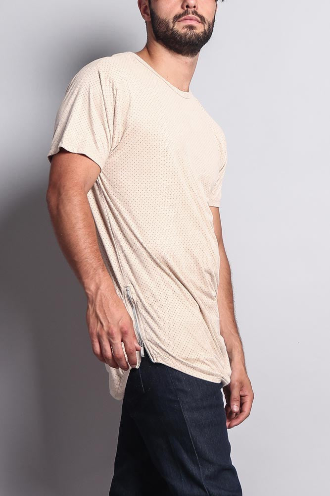 Perforated Faux Suede Long Length Curved Hem T-Shirt