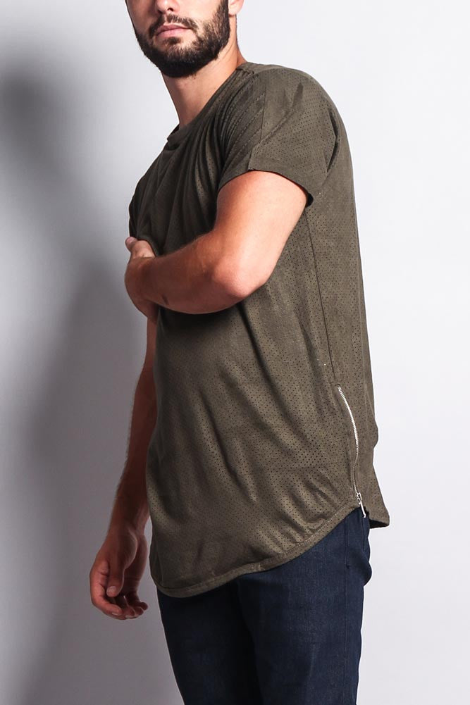 Perforated Faux Suede Long Length Curved Hem T-Shirt