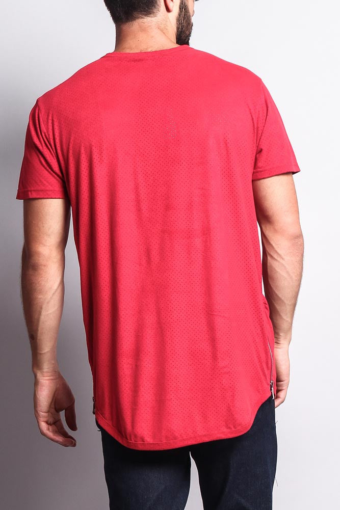 Perforated Faux Suede Long Length Curved Hem T-Shirt
