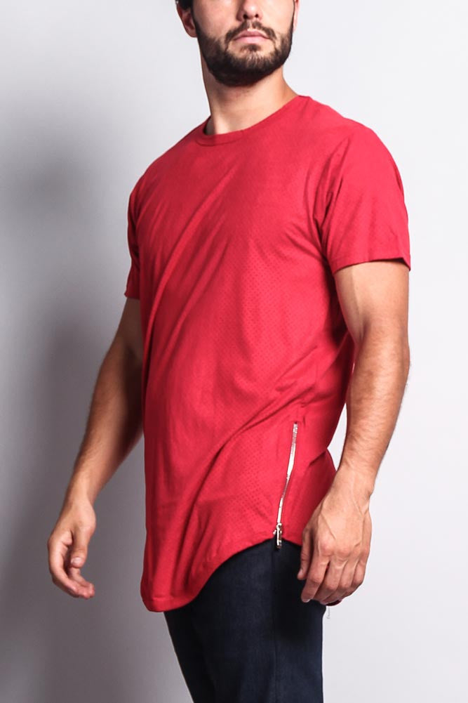 Perforated Faux Suede Long Length Curved Hem T-Shirt