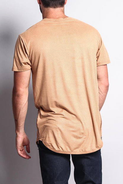 Perforated Faux Suede Long Length Curved Hem T-Shirt