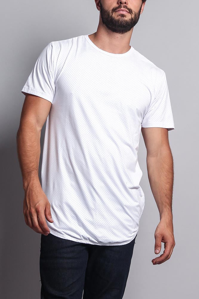 Perforated Faux Suede Long Length Curved Hem T-Shirt