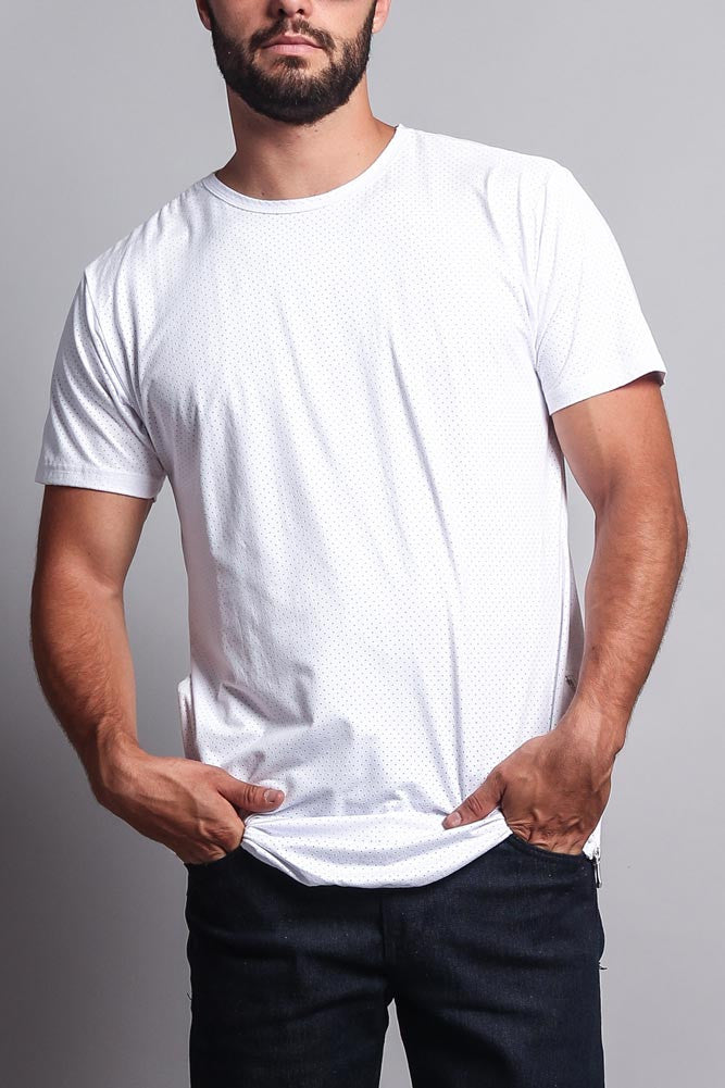 Perforated Faux Suede Long Length Curved Hem T-Shirt