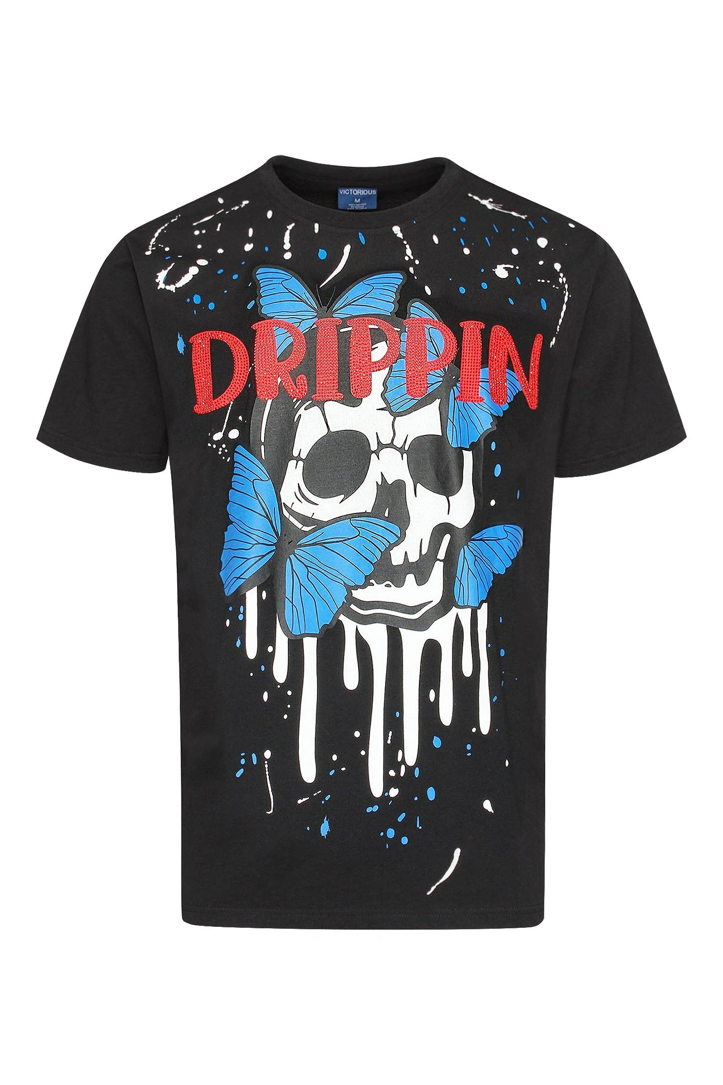 Men's Drippin Rhinestones Skull Butterflies Graphic T-Shirt