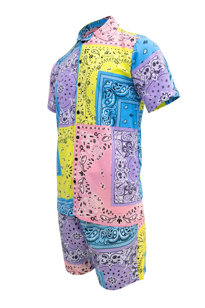 Men's Pastel Color block Bandana Shirt and Shorts Set