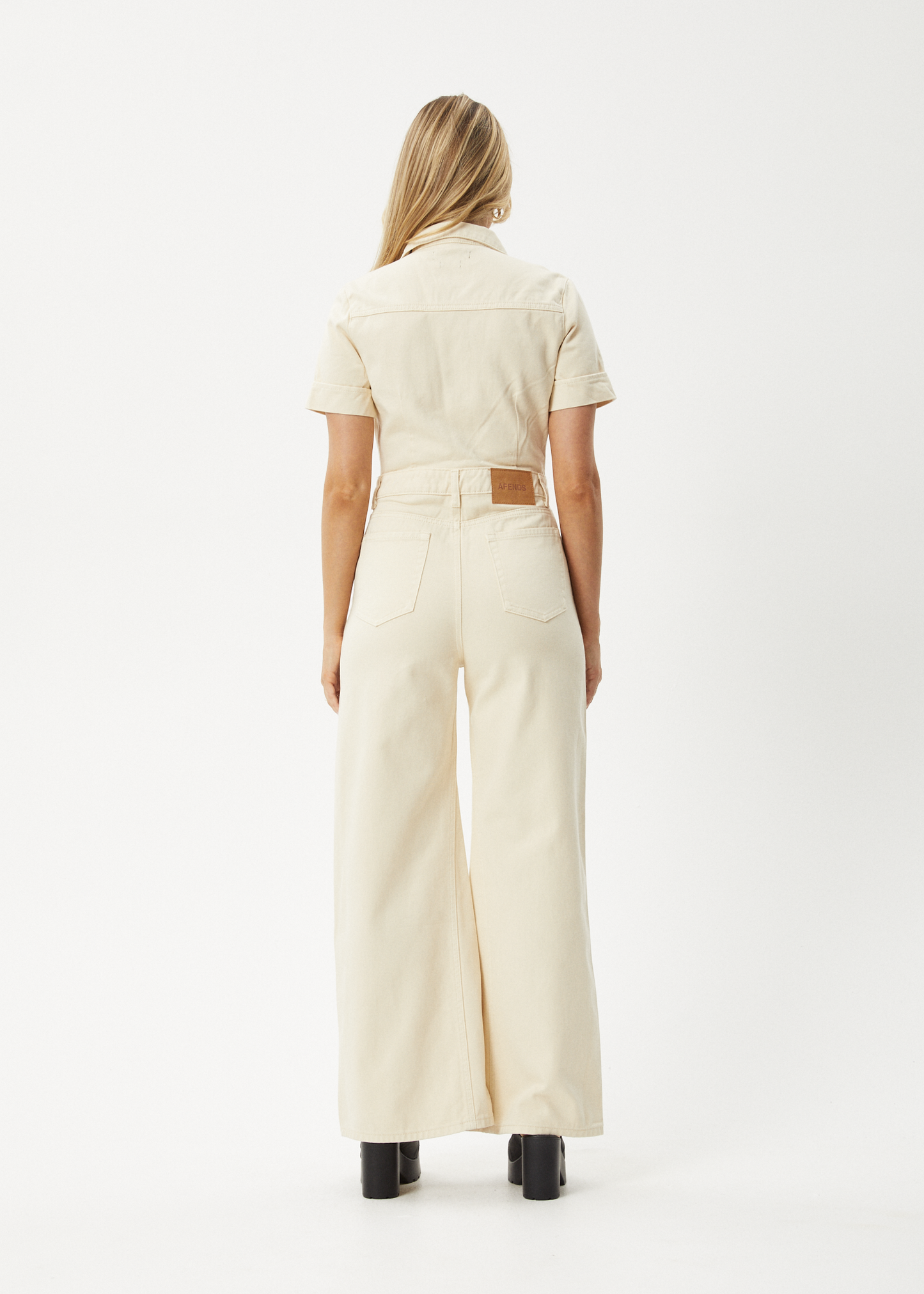 AFENDS Womens Miami - Denim Flared Jumpsuit - Sand