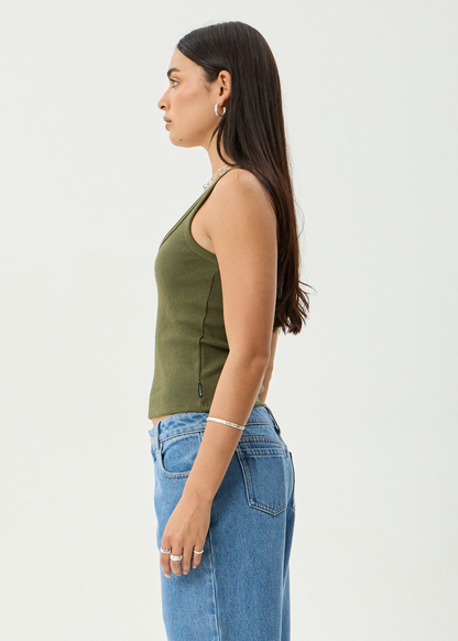 AFENDS Womens Layden - Rib Singlet - Deep Olive