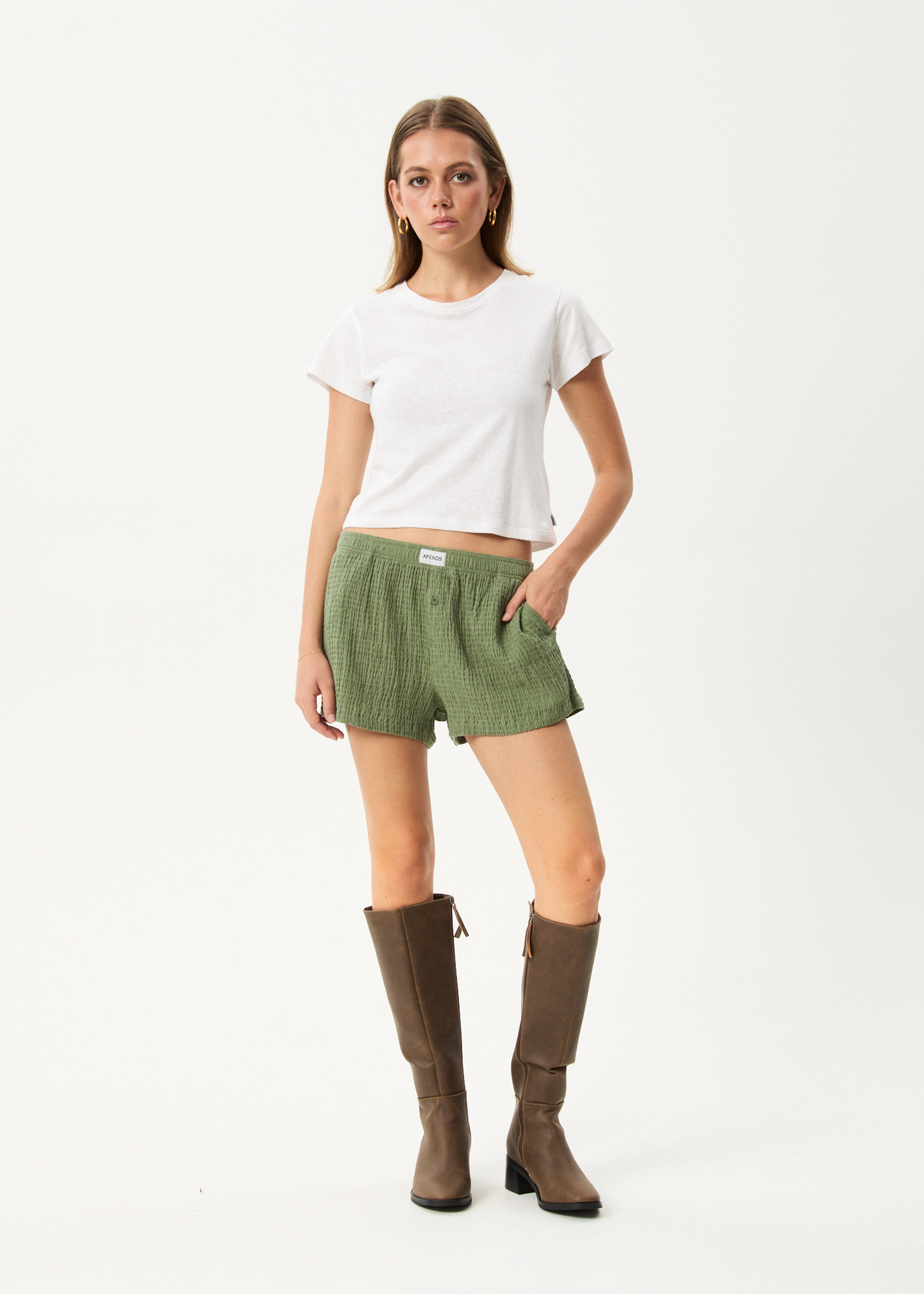 AFENDS Womens Focus - Seersucker Boxer Short - Oil Green