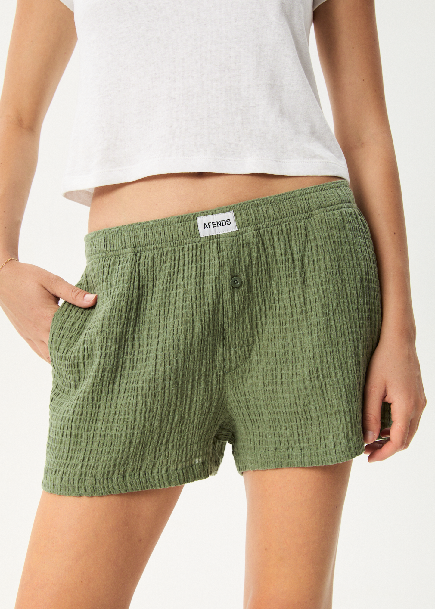 AFENDS Womens Focus - Seersucker Boxer Short - Oil Green