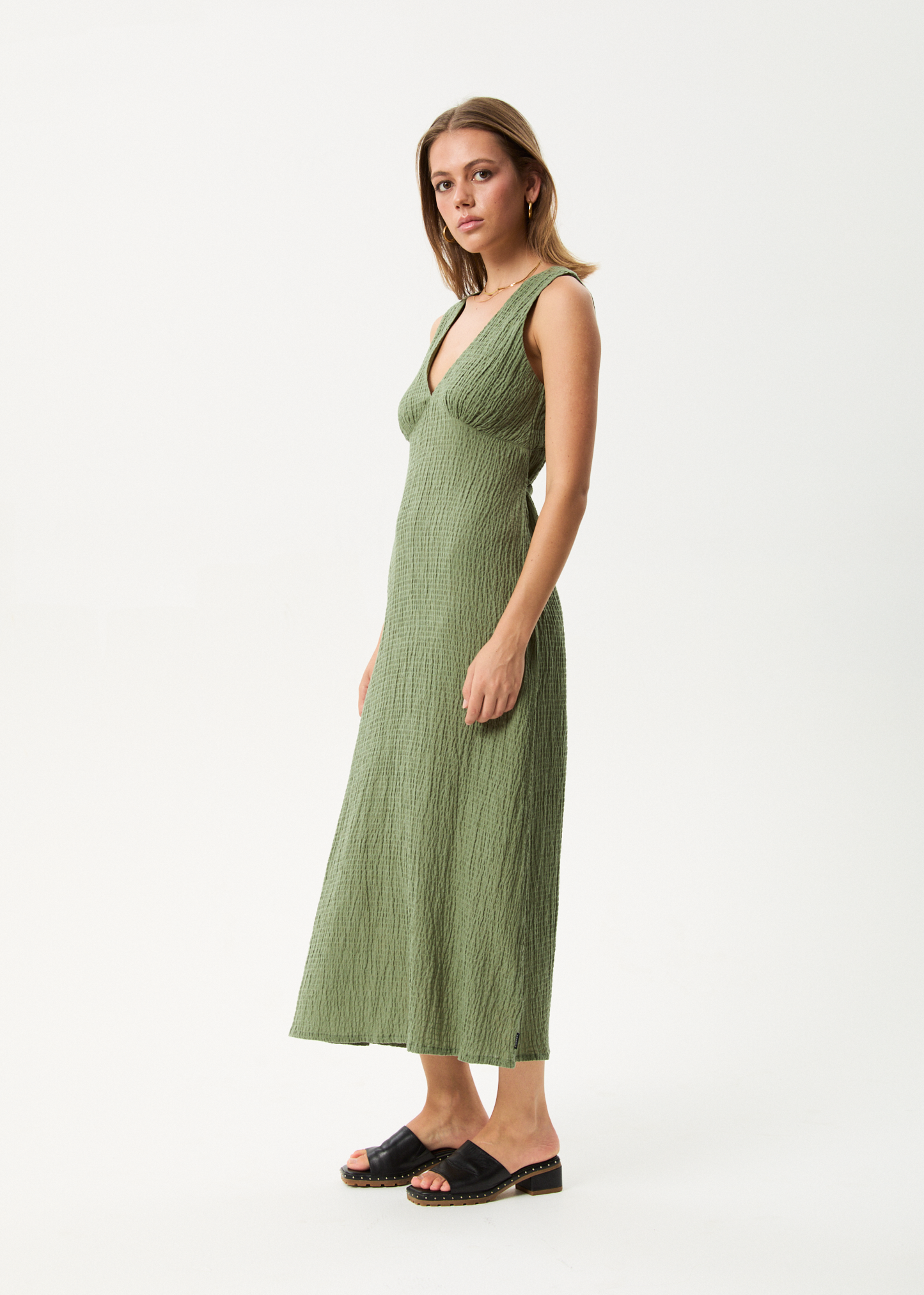 AFENDS Womens Focus - Seersucker Maxi Dress - Oil Green