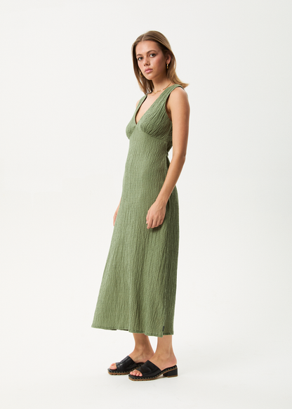 AFENDS Womens Focus - Seersucker Maxi Dress - Oil Green