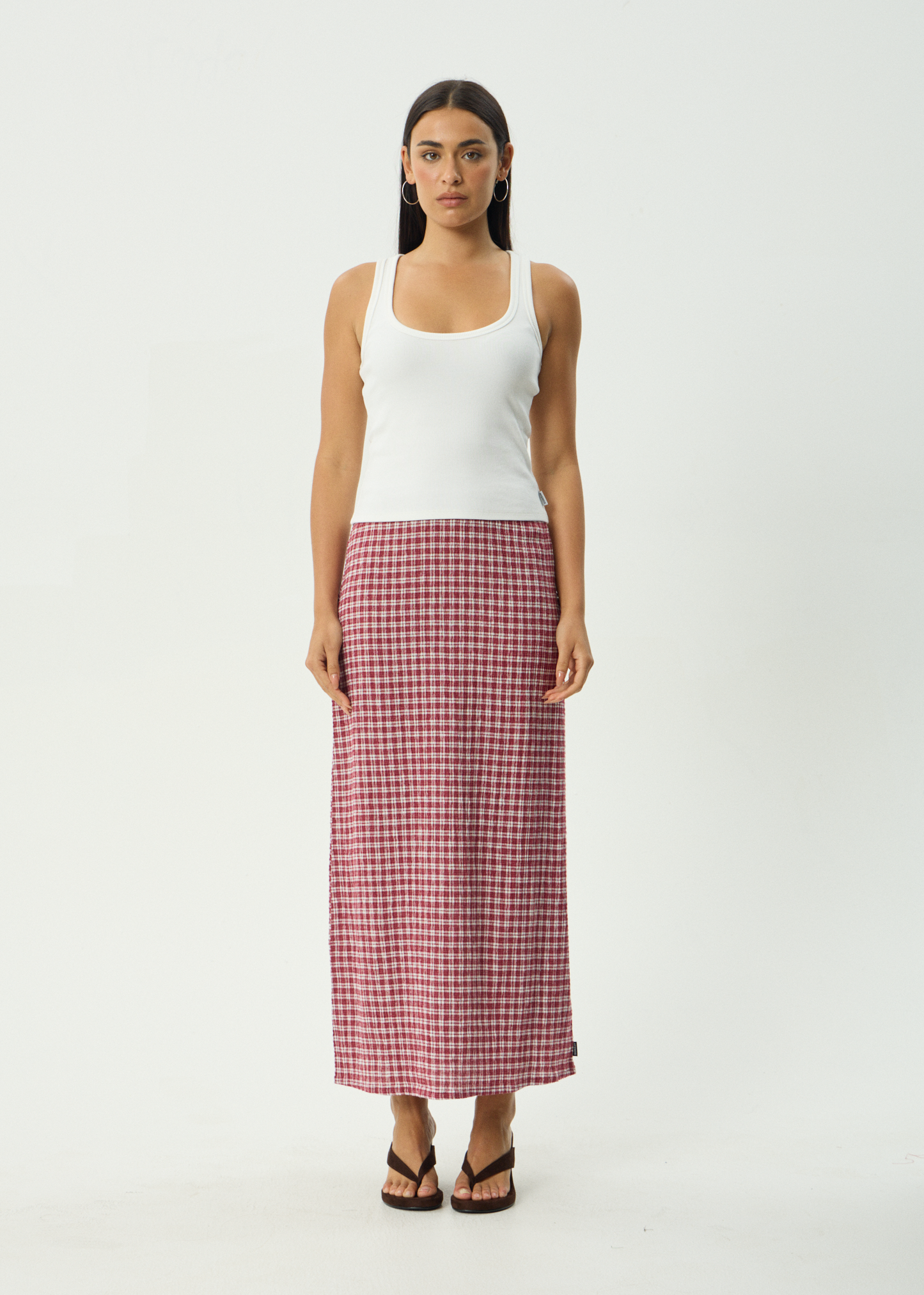 AFENDS Womens Lita - Seersucker Maxi Skirt - Base Burgundy Check