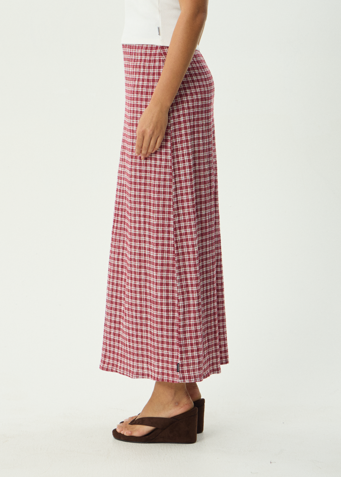 AFENDS Womens Lita - Seersucker Maxi Skirt - Base Burgundy Check