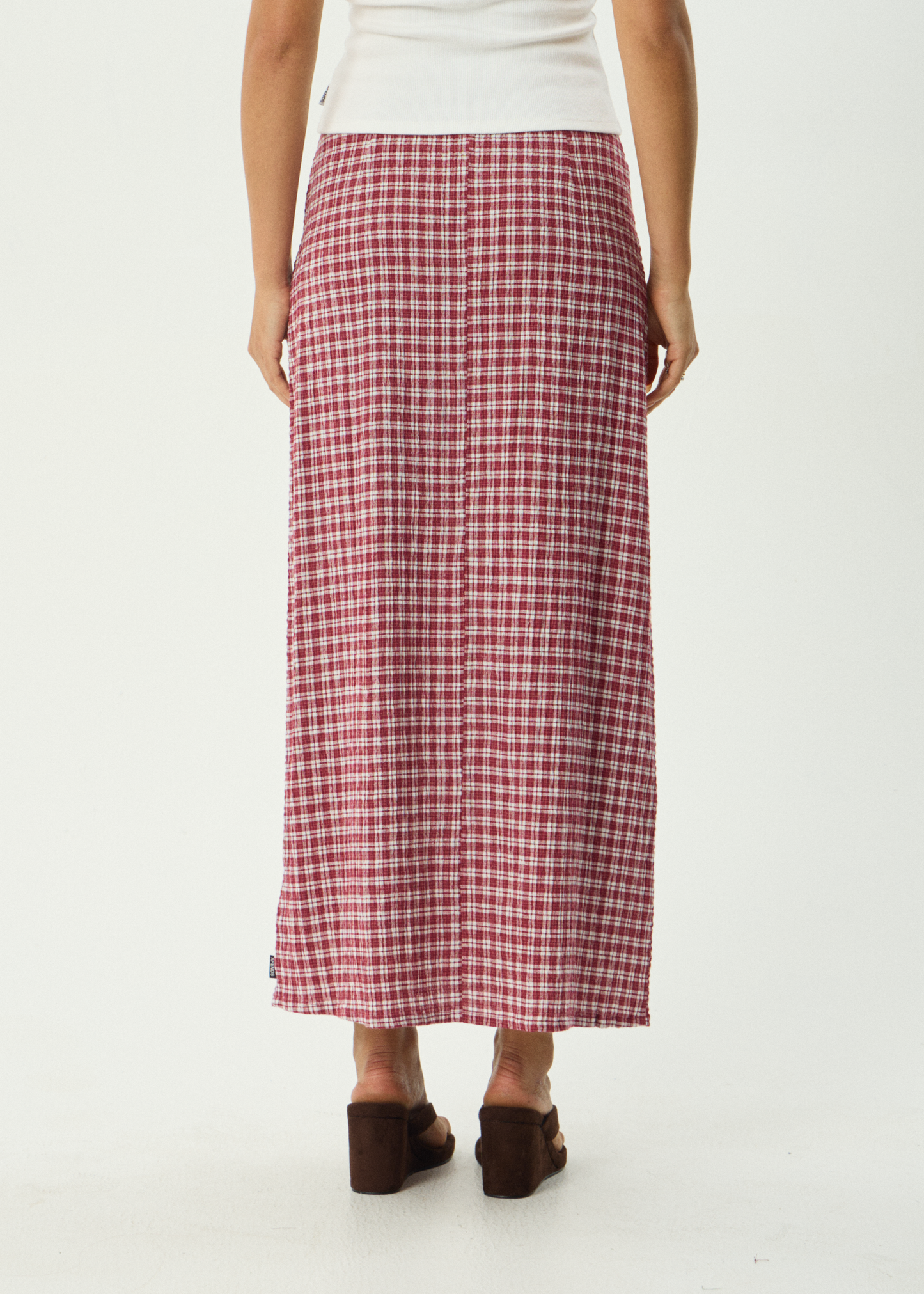 AFENDS Womens Lita - Seersucker Maxi Skirt - Base Burgundy Check