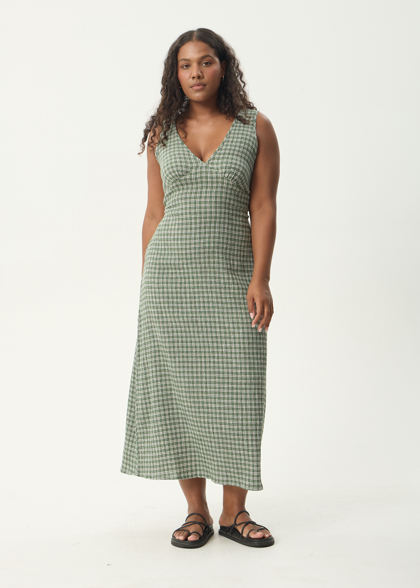 AFENDS Womens Tully - Seersucker Maxi Dress - Base Deep Green Check