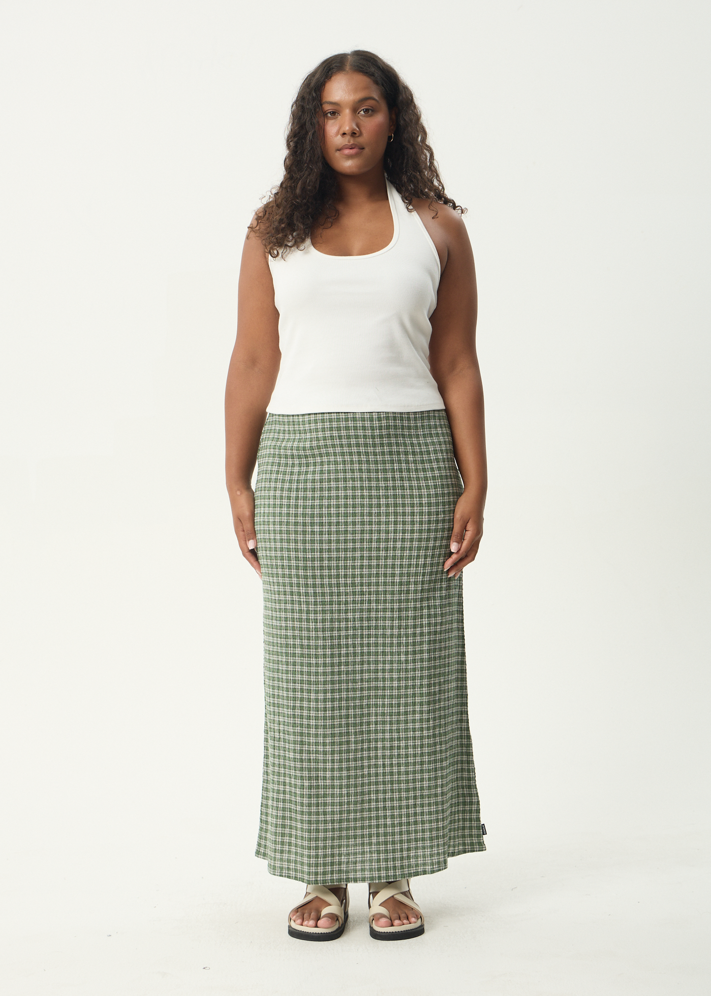 AFENDS Womens Lita - Seersucker Maxi Skirt - Base Deep Green Check