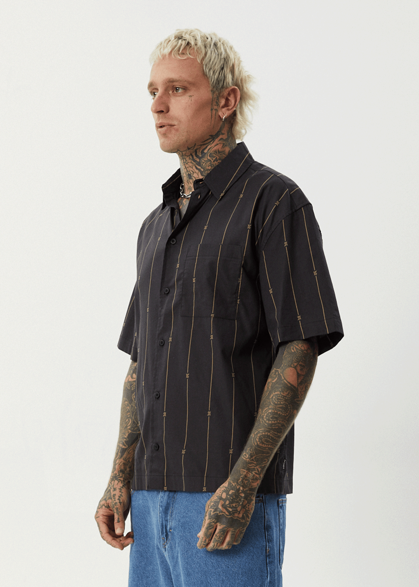 AFENDS Mens A Stripe - Short Sleeve Shirt - Black