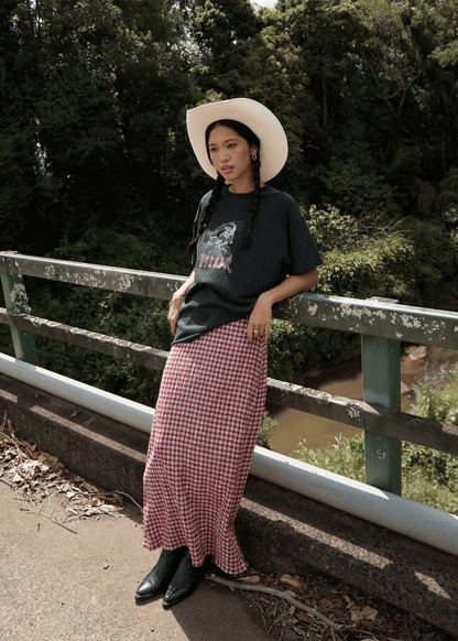 AFENDS Womens Lita - Seersucker Maxi Skirt - Base Burgundy Check