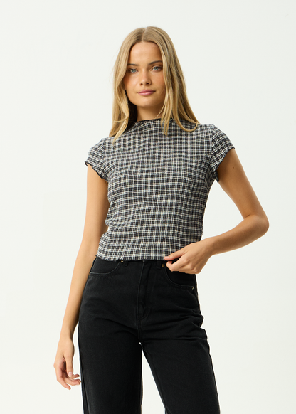 AFENDS Womens Wren - Seersucker Top - Steel Check