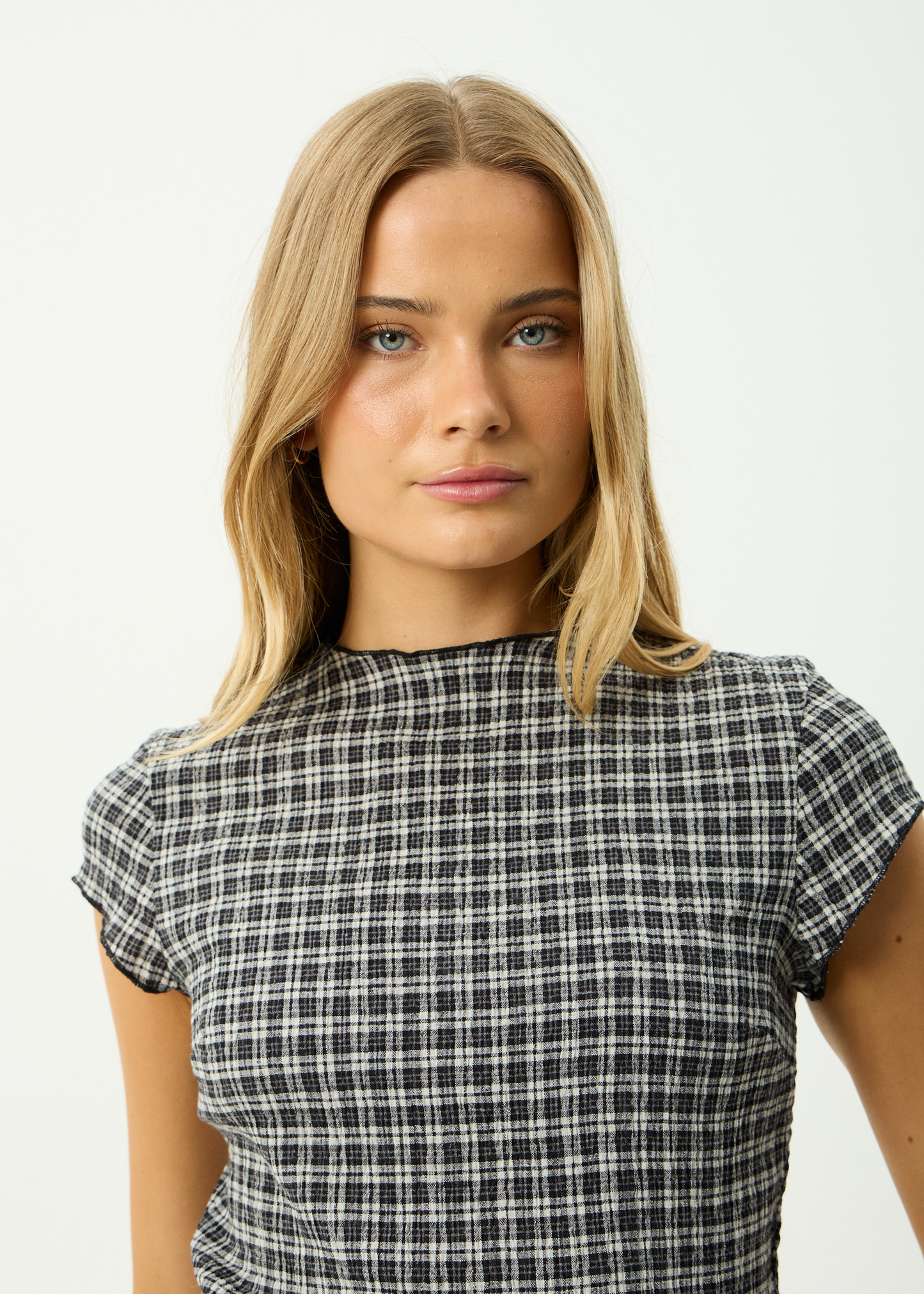 AFENDS Womens Wren - Seersucker Top - Steel Check
