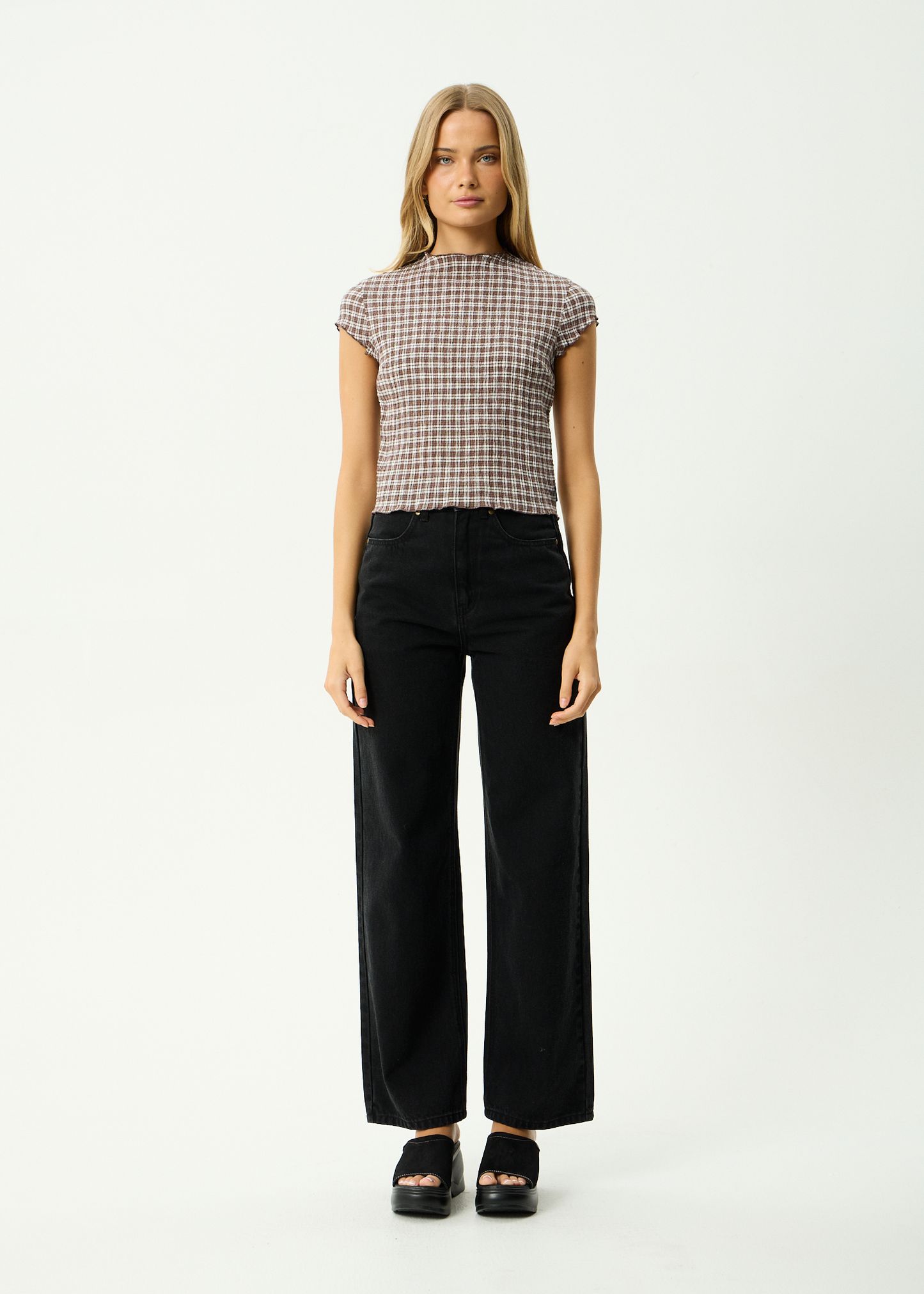 AFENDS Womens Wren - Seersucker Top - Coffee Check