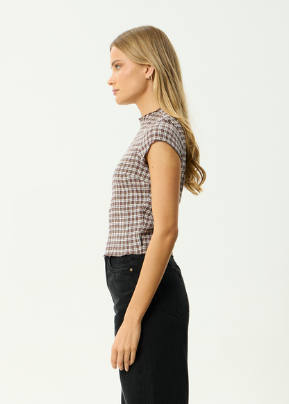 AFENDS Womens Wren - Seersucker Top - Coffee Check