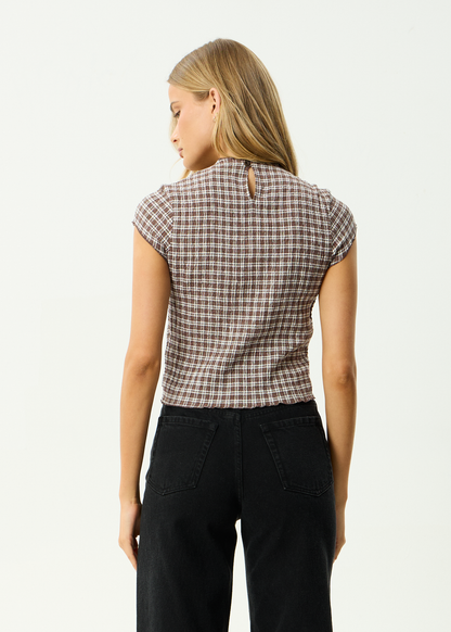AFENDS Womens Wren - Seersucker Top - Coffee Check