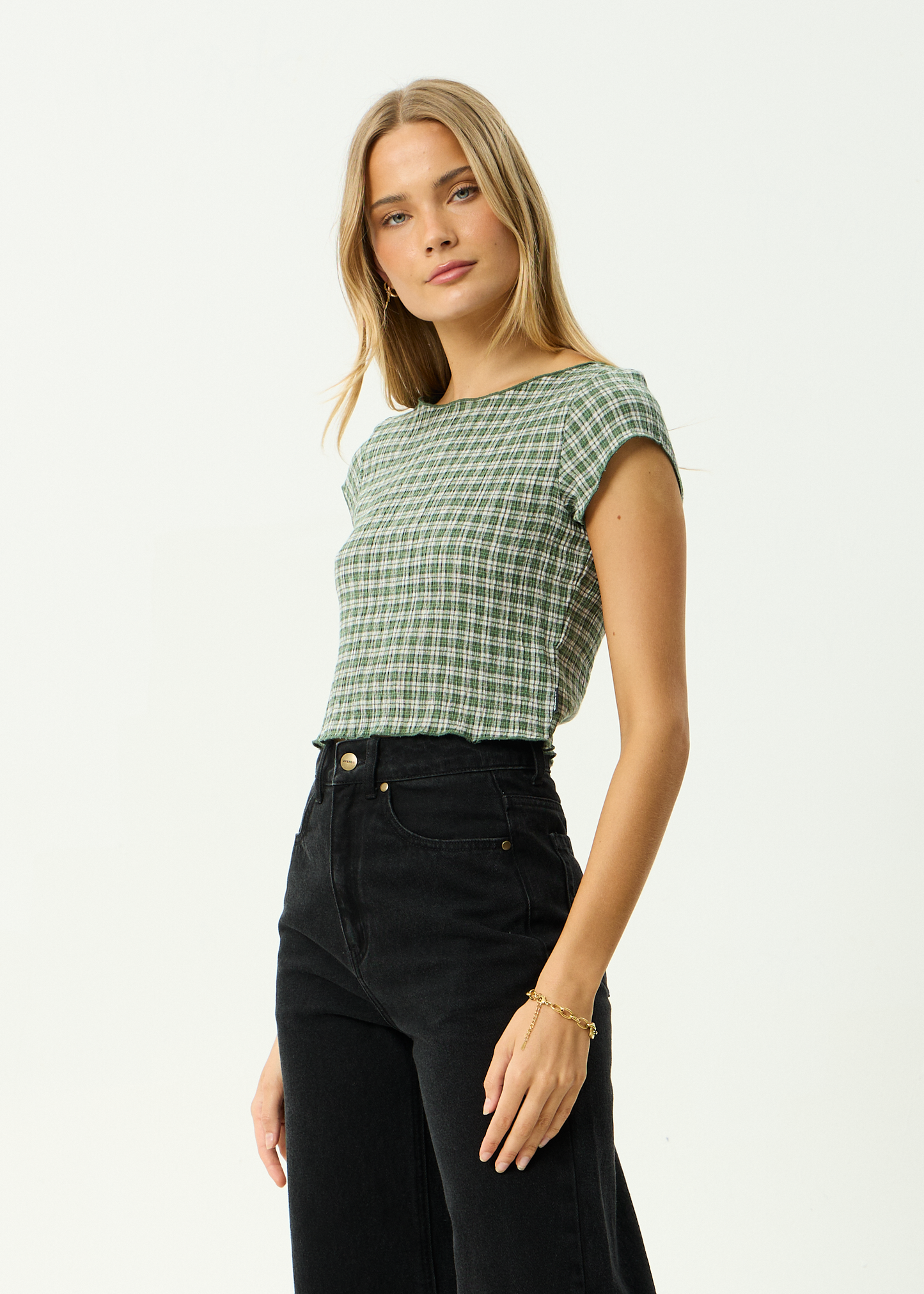 AFENDS Womens Darcy - Seersucker Top - Deep Green Check