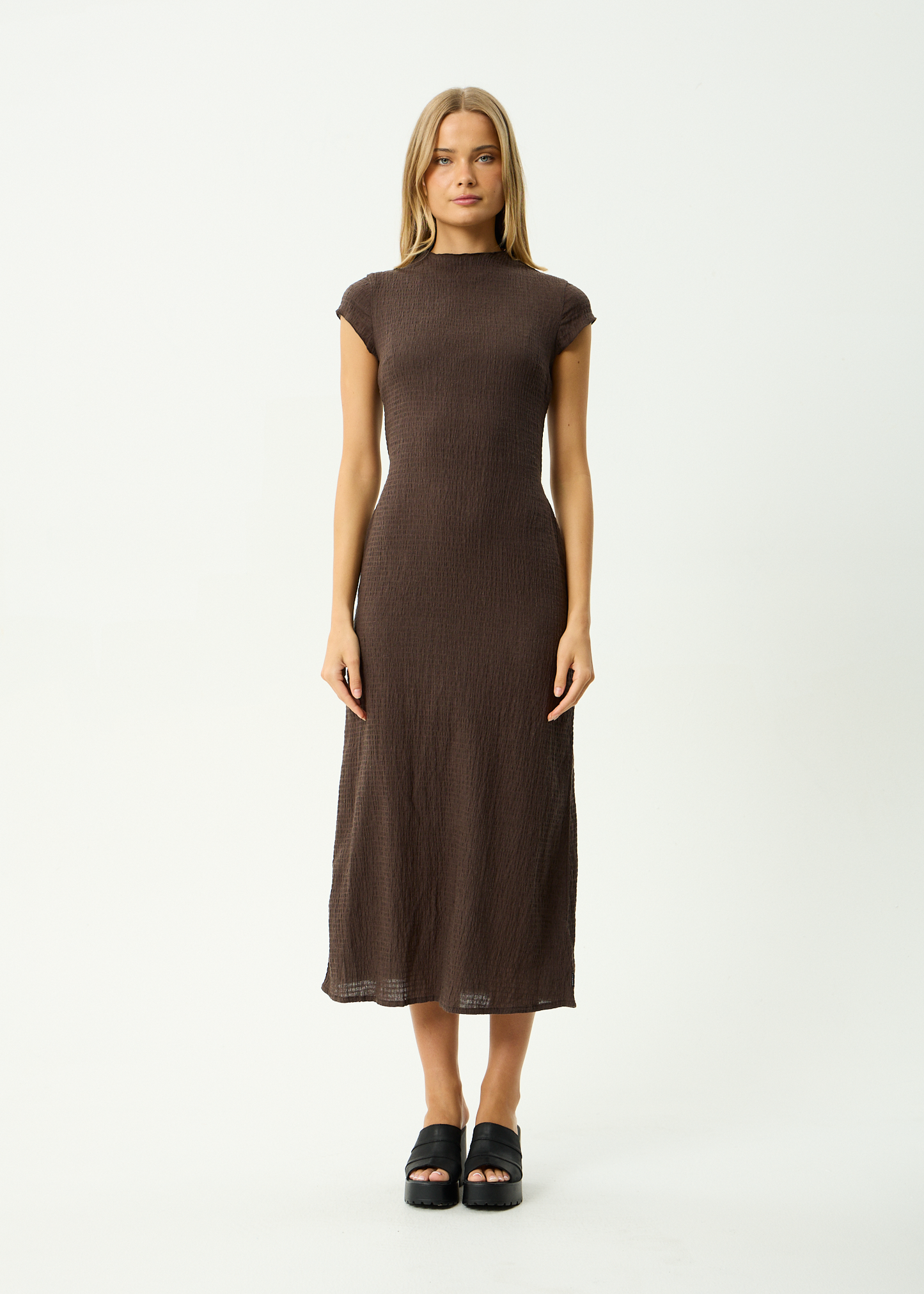AFENDS Womens Elodie - Seersucker Midi Dress - Coffee
